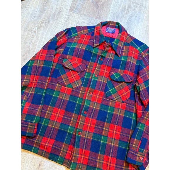 Vintage 60's Pendleton Board Shirt 100% Wool Loop Collar Red Plaid Large - Picture 2 of 8